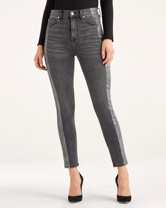 7 For All Mankind High Waist Ankle Skinny with Metallic Glitter Tux Stripe in Washed Black