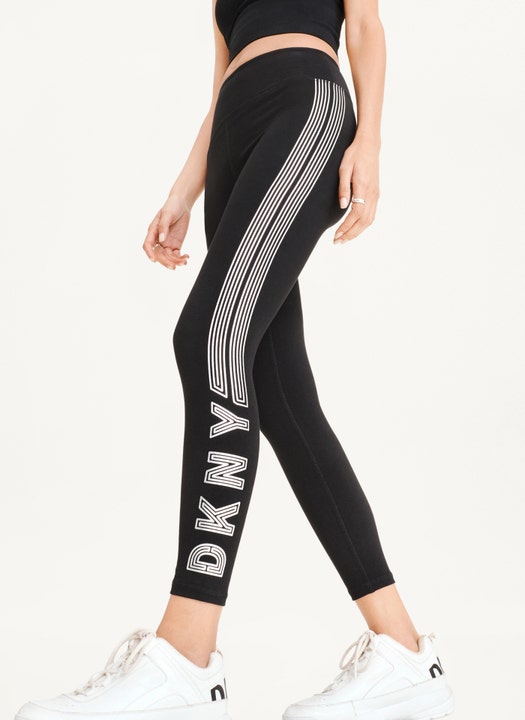 DKNY Women's High Waist Full Length High Density Logo Legging in Black / Silver