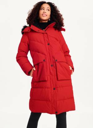 DKNY Women's Long Puffer Jackets With Faux Fur Hood in Red