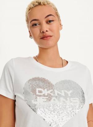 DKNY Women's Sequin Logo Love Heart T-Shirt in White