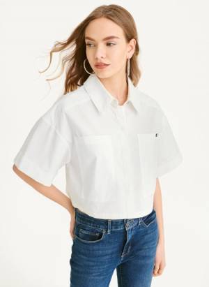 DKNY Women's Cropped Camp Top in White