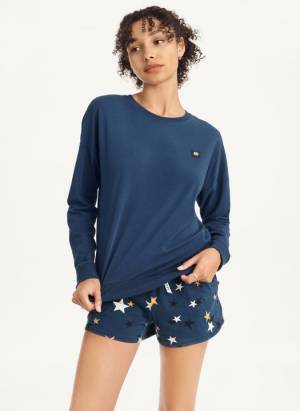 DKNY Women's Long Sleeve Top And Short Set With Sleep Mask in Blue