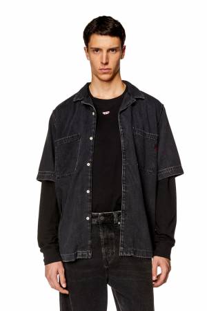 Diesel Men Bowling Shirt In Tencel Denim - Black (068KE)