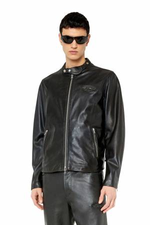 Diesel Men Leather Biker Jacket With Logo Plaque - Black (0AJIR)