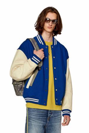 Diesel Men Bomber Jacket In Leather And Wool - Blue (0LHAL)