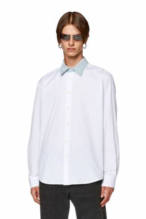 Diesel Men Cotton Shirt With Denim Collar - White (0CKAP)