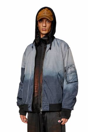 Diesel Men Hooded Bomber In Treated Nylon Satin - Blue (0DNAR)