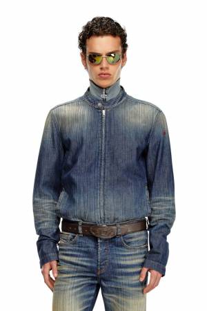 Diesel Men Moto Jacket In Streaky Denim - Blue (09I98)