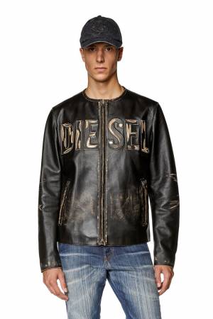 Diesel Men Distressed Leather Jacket With Metal Logo - Black (0KKAV)