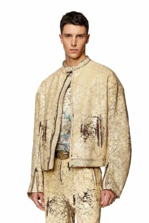 Diesel Men Leather Biker Jacket With Cracked Effect - Beige (0GGAI)