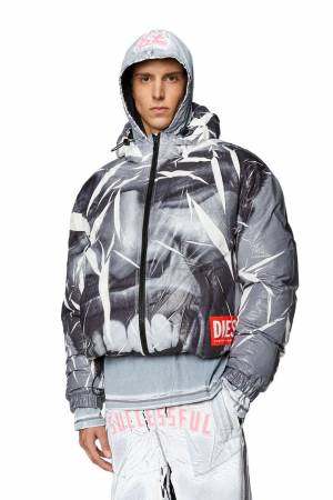 Diesel Men Hooded Puffer Jacket With Smile Print - Multicolor (0GGAG)