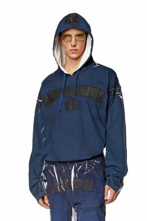 Diesel Men Printed Hooded Top With Logo Appliqués - Blue (0QHAZ)