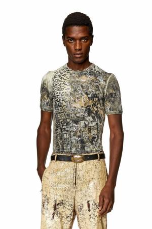 Diesel Men Printed T-Shirt With Foiled Logo Artwork - Green (0BNAM)