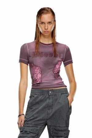 Diesel Women T-Shirt With Embroidered Floral Patches - Violet (0HMAG)