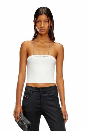 Diesel Women Cropped Knit Top With Chain Halterneck - White (0KMAT)