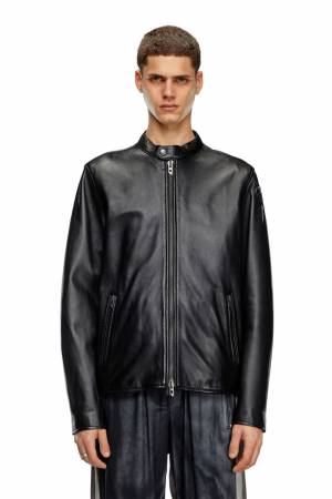 Diesel Men Leather Biker Jacket With Embossed Logo - Black (0AJIR)