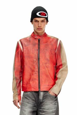 Diesel Men Dirty-Effect Leather Biker Jacket - Red (0LIBN)