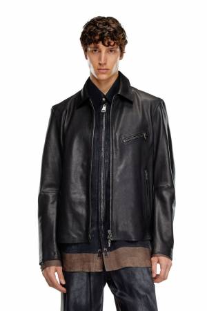 Diesel Men Leather Jacket With Embossed Oval D - Black (0IGAM)