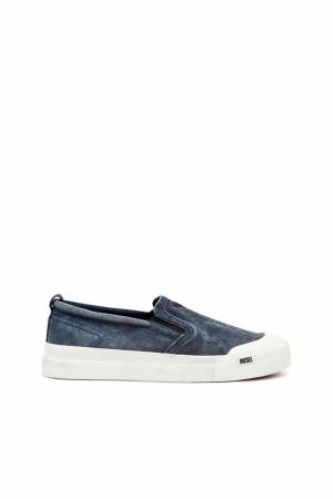 Diesel Men Canvas Slip-On Sneakers With D Embroidery - Blue (P6955)