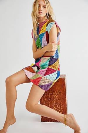 Rose Carmine Mini Dress "crochet Patchwork"