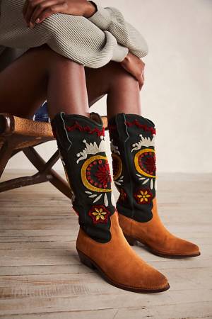Free People Embroidered Tall Western Boots "Roundhouse Stitch"