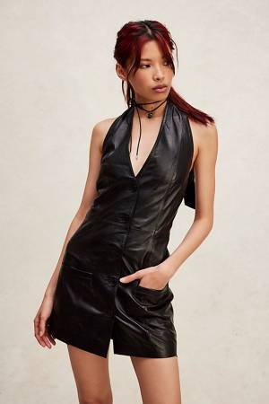 Understated Leather Mini Halter Dress "Angel Eyes"