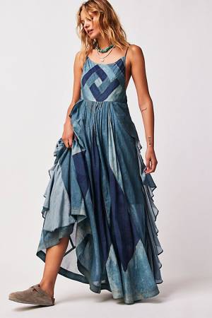 Free People Denim Maxi Dress "Darla Indigo Patchwork"