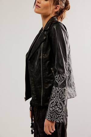 Understated Leather Moto Jacket "Embroidered Bell Sleeve"