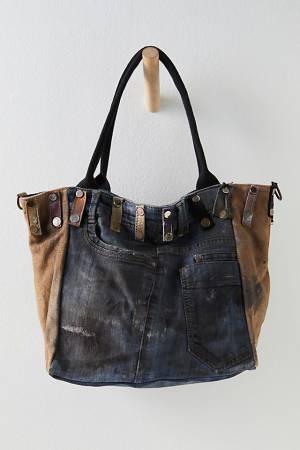 Free People Denim Suede Tote Bag "Capri"