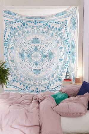 Ink Drawn Blue Medallion Tapestry