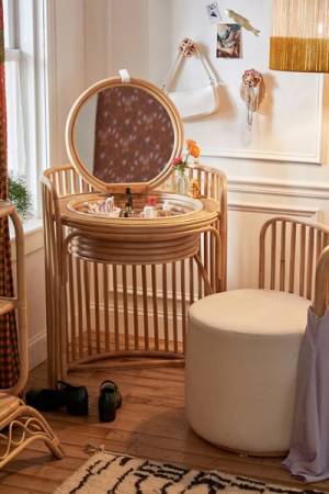Rattan Vanity Table + Stool Set