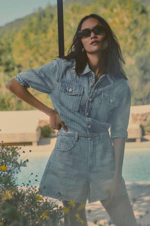 Miss Sixty Crystal Belted Denim Jumpsuit Shortall
