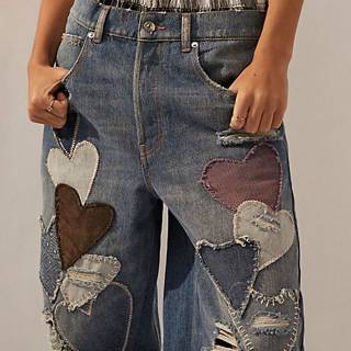 Free People Distressed Wide Leg Jeans "Piece Of My Heart Patchwork"