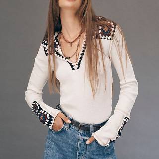 Free People Hooded Henley Top "Roswell Crochet Cuff"