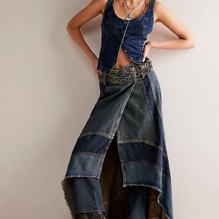 Free People We The Free Patched Denim Maxi Skirt "New Rules"