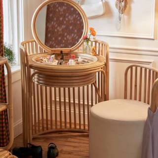 Rattan Vanity Table + Stool Set