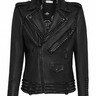 Philipp Plein Men's Leather Jacket "Biker Black Studs"