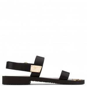 Giuseppe Zanotti - SHAUN - Black Calfskin Leather Men's Sandal With Gold Metal Bar