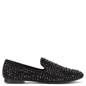 Giuseppe Zanotti Loafers - DAVID - Men's Black Suede Crystals Loafers