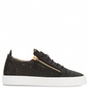 Giuseppe Zanotti Low-Tops - FRANKIE - Black Leather Crocodile-Embossed Men's Sneaker