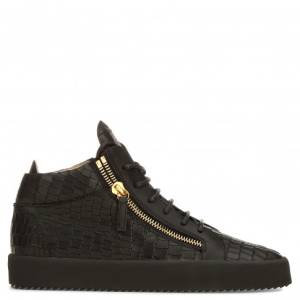 Giuseppe Zanotti Mid-Tops - KRISS - Black Leather Crocodile-Embossed Men's Sneaker